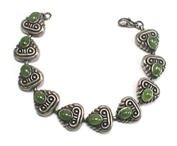 Vintage Mexican alpaca and chrysoprase link bracelet 7 1/4 inch