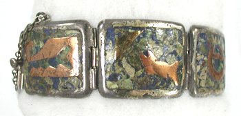 Vintage Mexican sterling silver and mosaic inlay link bracelet 7 inch