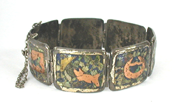 Vintage Mexican sterling silver and mosaic inlay link bracelet 7 inch