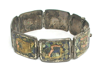 Vintage Mexican sterling silver and mosaic inlay link bracelet 7 inch
