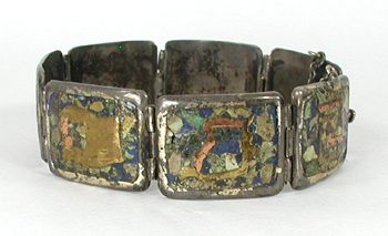 Vintage Mexican sterling silver and mosaic inlay link bracelet 7 inch