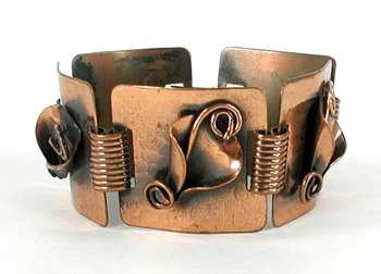 Vintage Mexican artisan copper floral panel link bracelet 6 3/8