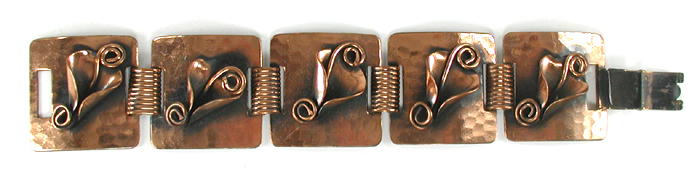 Vintage Mexican artisan copper floral panel link bracelet 6 3/8