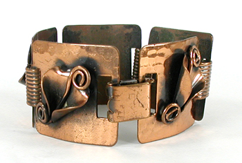 Vintage Mexican artisan copper floral panel link bracelet 6 3/8