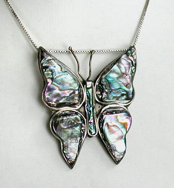 Vintage Mexican butterfly pendant of alpaca and abalone inlay