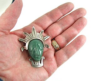 Vintage Mexican sterling silver green onyx mask pin