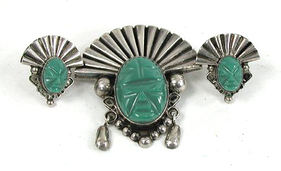 Vintage Mexican sterling silver green onyx mask pin and earrings set