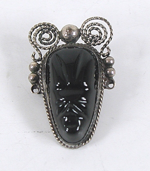 Vintage Mexican sterling silver black onyx mask pin