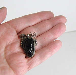 Vintage Mexican sterling silver black onyx mask pin