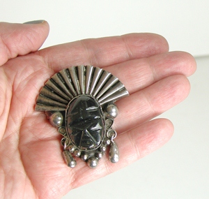 Vintage Mexican sterling silver black onyx mask pin