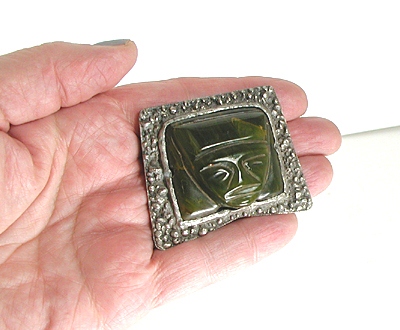 Vintage Mexican green onyx Mask pin