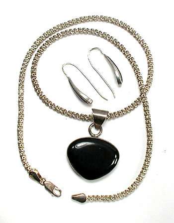 Mexican sterling silver and black onyx pendant and earrings set