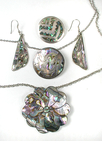 three Mexican abalone pin pendant and one pair abalone earrings