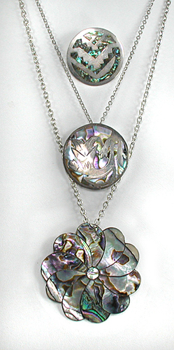 three Mexican abalone pin pendant and one pair abalone earrings