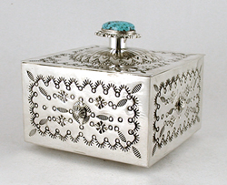 authentic Native American sterling silver stamped box with birdseye turquoise stone by Navajo silversmith Wilford Begay