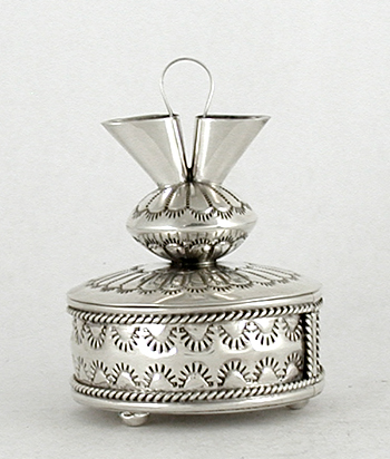 authentic Native American sterling silver stamped round wedding vase box by Navajo silversmith Wilford Begay