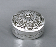 authentic Native American stamped repousse sterling silver round box by Navajo silversmith Arnold Blackgoat