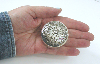 authentic Native American stamped repousse sterling silver round box by Navajo silversmith Arnold Blackgoat