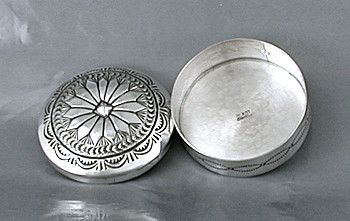 authentic Native American stamped repousse sterling silver round box by Navajo silversmith Arnold Blackgoat