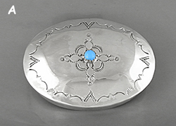 Authentic Native American Sterling Silver Stamped Oval Pill Box with turquoise cabochon by Navajo silversmith Jeffrey Castillo