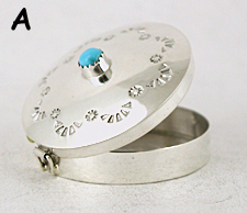 Authentic Native American round sterling silver box with turquoise stone by Navajo silversmith Wesley Whitman