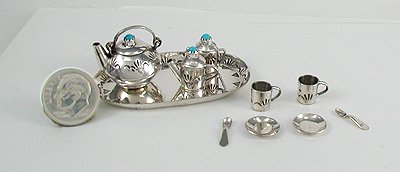 Authentic Native American Sterling Silver and Turquioise Miniature Tea Set by Navajo Wesley Whitman