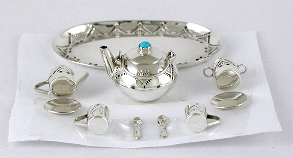 Authentic Native American Sterling Silver and Turquioise Miniature Tea Set by Navajo Wesley Whitman