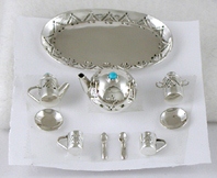 Authentic Native American Sterling Silver and Turquioise Miniature Tea Set by Navajo Elizabeth Whitman