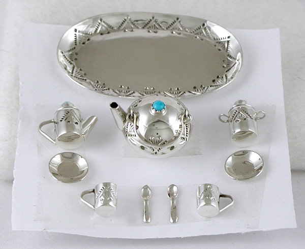 Authentic Native American Sterling Silver and Turquioise Miniature Tea Set by Navajo Wesley Whitman