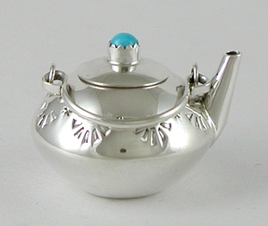 Navajo Handmade Sterling Silver and Turquioise Miniature Round Kettle