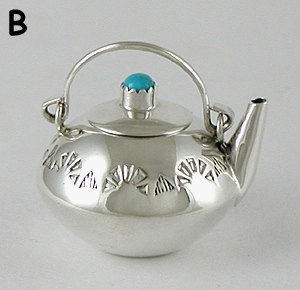 Navajo Handmade Sterling Silver and Turquioise Miniature Round Kettle