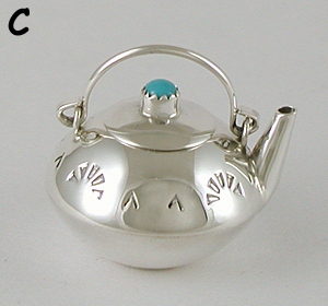 Navajo Handmade Sterling Silver and Turquioise Miniature Round Kettle