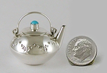 Navajo Handmade Sterling Silver and Turquioise Miniature Round Kettle