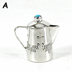 Navajo Handmade Sterling Silver and Turquioise Miniature Coffee Pot