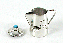 Navajo Handmade Sterling Silver and Turquioise Miniature Coffee Pot