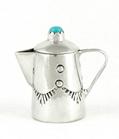 Navajo Handmade Sterling Silver and Turquioise Miniature Coffee Pot