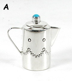 Authentic Native American Handmade Sterling Silver and Turquioise Miniature Coffee Pot by Navajo silversmith Wesley Whitman