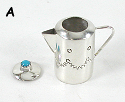 Authentic Native American Handmade Sterling Silver and Turquioise Miniature Coffee Pot by Navajo silversmith Wesley Whitman