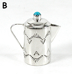Authentic Native American Handmade Sterling Silver and Turquioise Miniature Coffee Pot by Navajo silversmith Wesley Whitman