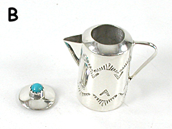 Authentic Native American Handmade Sterling Silver and Turquioise Miniature Coffee Pot by Navajo silversmith Wesley Whitman