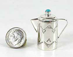 Authentic Native American Handmade Sterling Silver and Turquioise Miniature Coffee Pot by Navajo silversmith Wesley Whitman