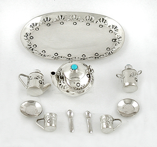 Authentic Native American Sterling Silver and Turquioise Miniature Tea Set by Navajo Wesley Whitman
