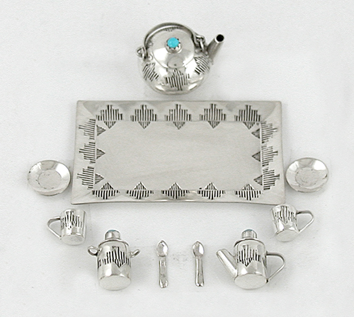 Authentic Native American Sterling Silver and Turquioise Miniature Tea Set by Navajo Wesley Whitman