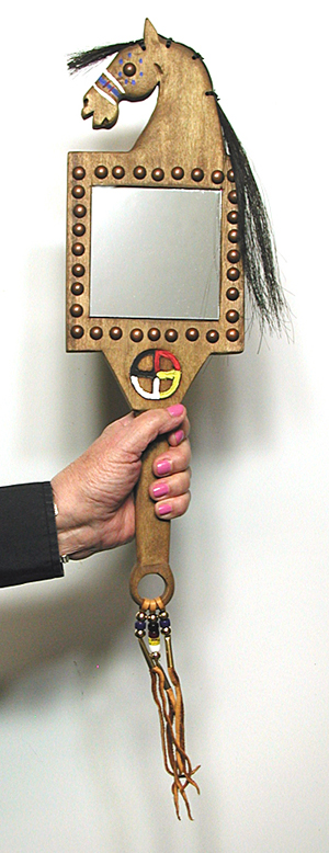 Authentic Native American horse mirror board with medicine wheel by Lakota artisan Alan Monroe