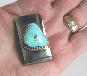 Hand made Native American Indian Jewelry; Navajo Sterling Silver  and Turquoise Bearpaw Money Clip