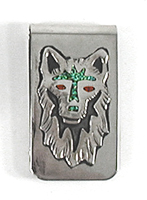 Native American Navajo Sterling Silver Chip Inlay Wolf Money Clip