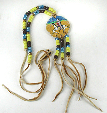 Authentic Native American crow bead and hand-painted shield necklace by Lakota artisan Travis Harden