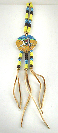 Authentic Native American crow bead and hand-painted shield necklace by Lakota artisan Travis Harden