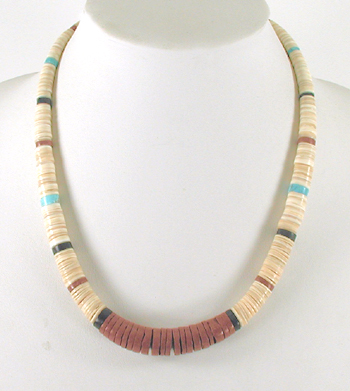 Authentic Native American jewelry 19 inch graduated melon shell Heishi Necklace by Santo Domingo artisan Torevia Crespin