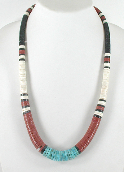 Authentic Native American jewelry 26 inch graduated mixed stone  Heishi Necklace by Santo Domingo artisan Torevia Crespin
